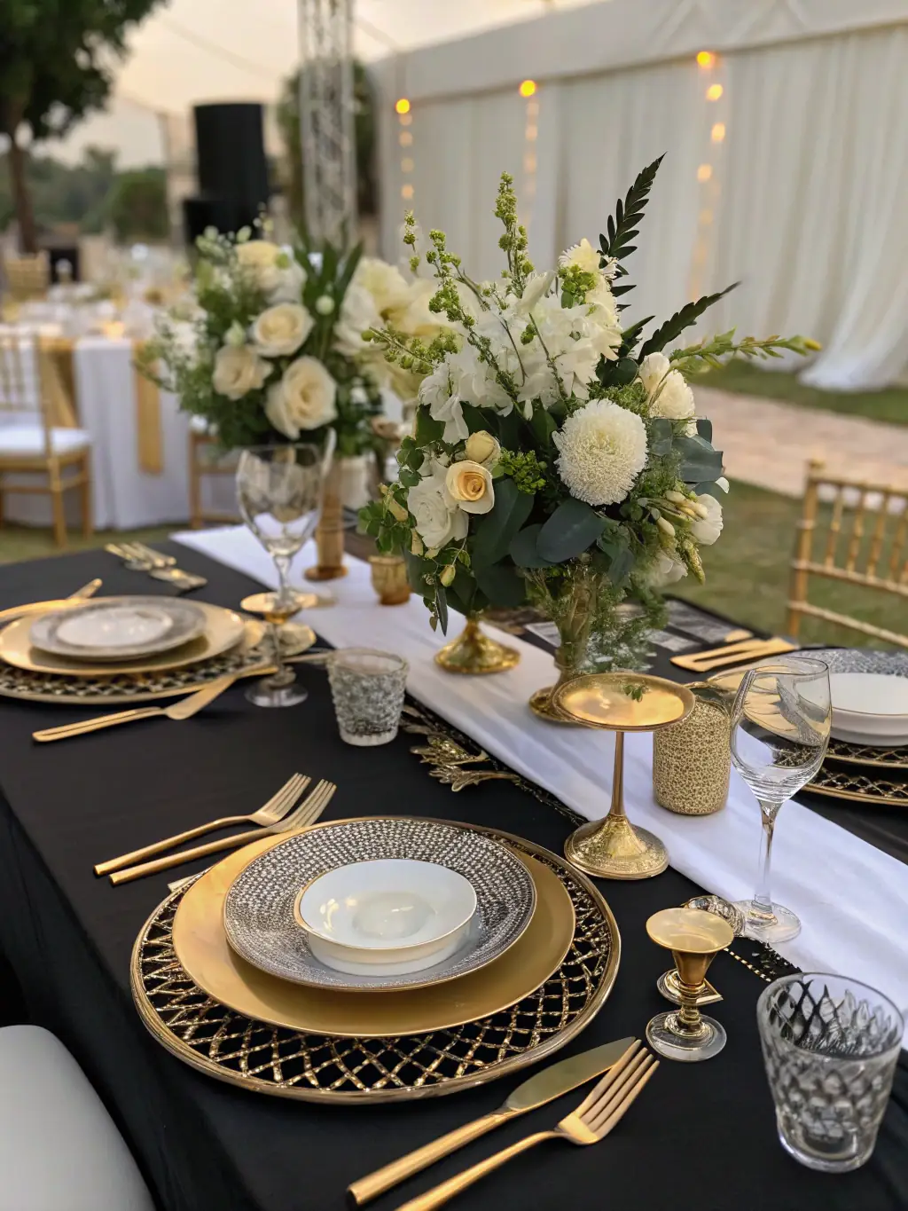 A clear image of Beleef's durable and stylish table and chair rentals, set up for a formal dinner event.
