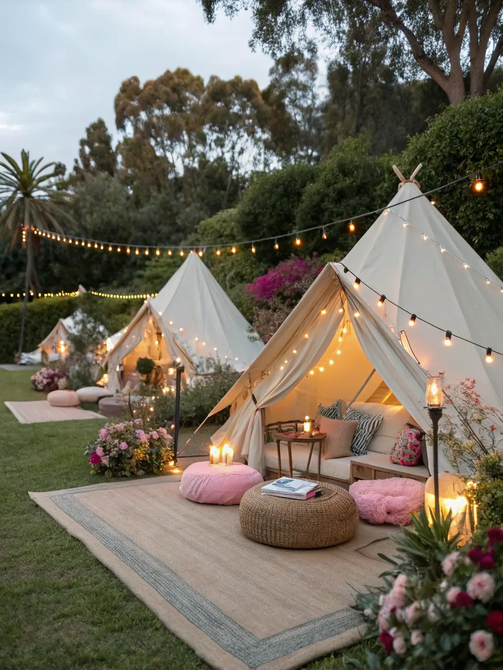 A high-quality image of a beautifully decorated Beleef tent setup for an outdoor wedding, showcasing elegant lighting and table arrangements.
