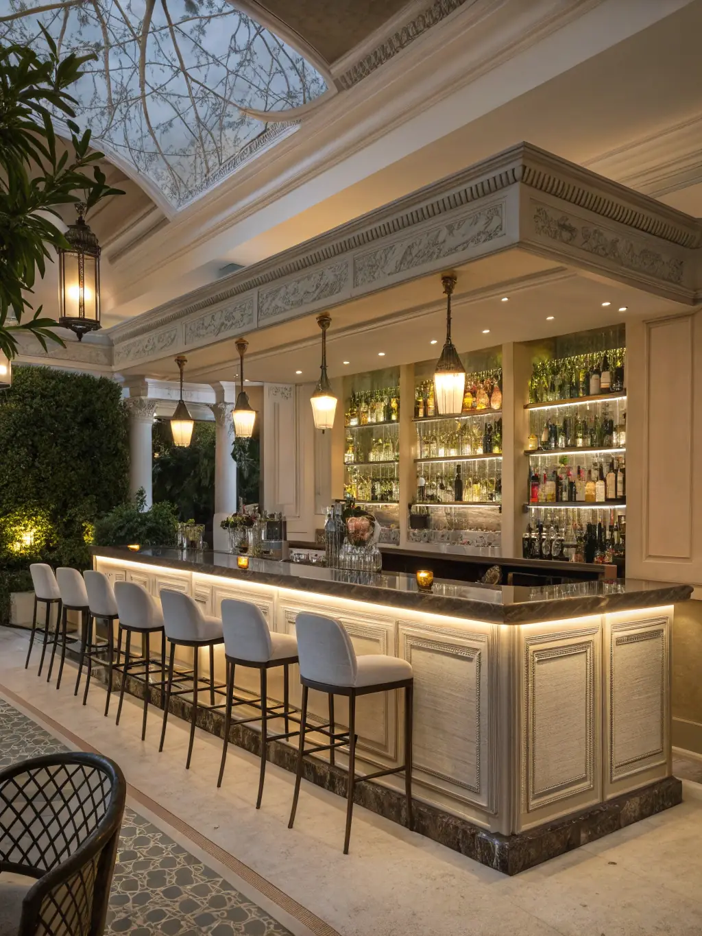A professional photograph of Beleef's modern bar setup at a corporate event, featuring sleek design and well-stocked shelves.