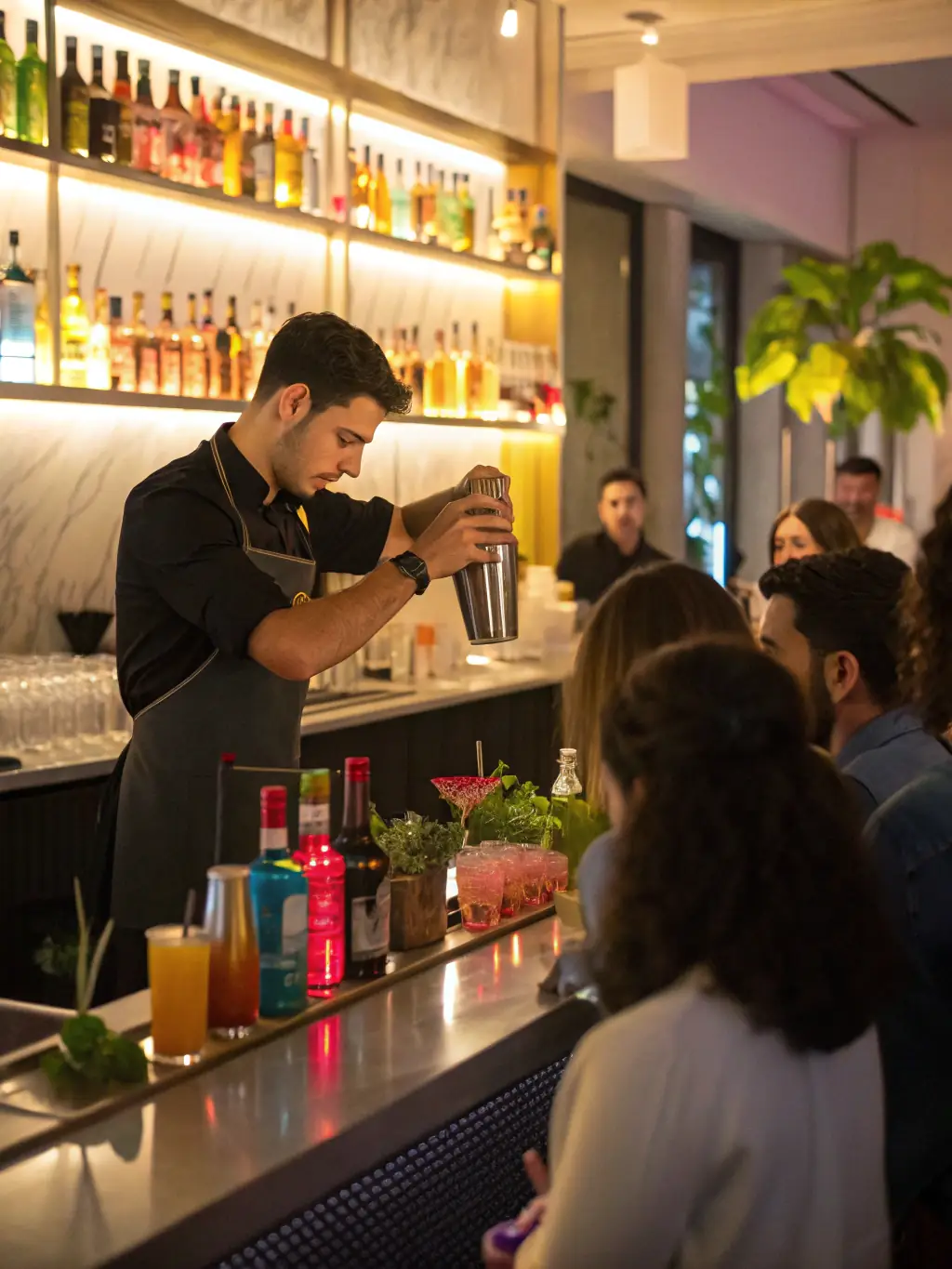 A bartender expertly crafting cocktails at a cocktail party, showcasing Beleef's ability to provide not only food but also expertly mixed drinks for a complete event experience.